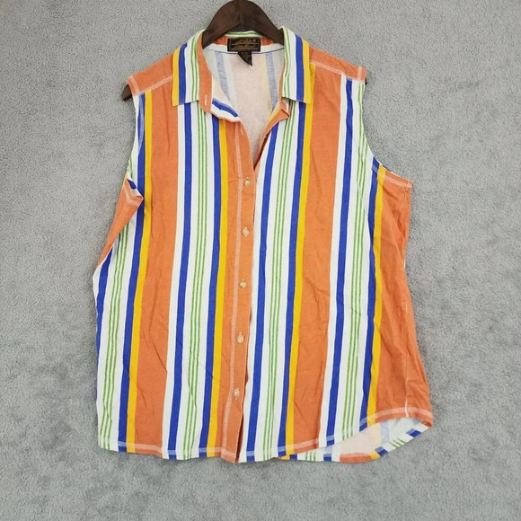 Eddie Bauer Womens Sleeveless Striped Button-Up Shirt Orange Green Size L 23PT - Picture 1 of 5